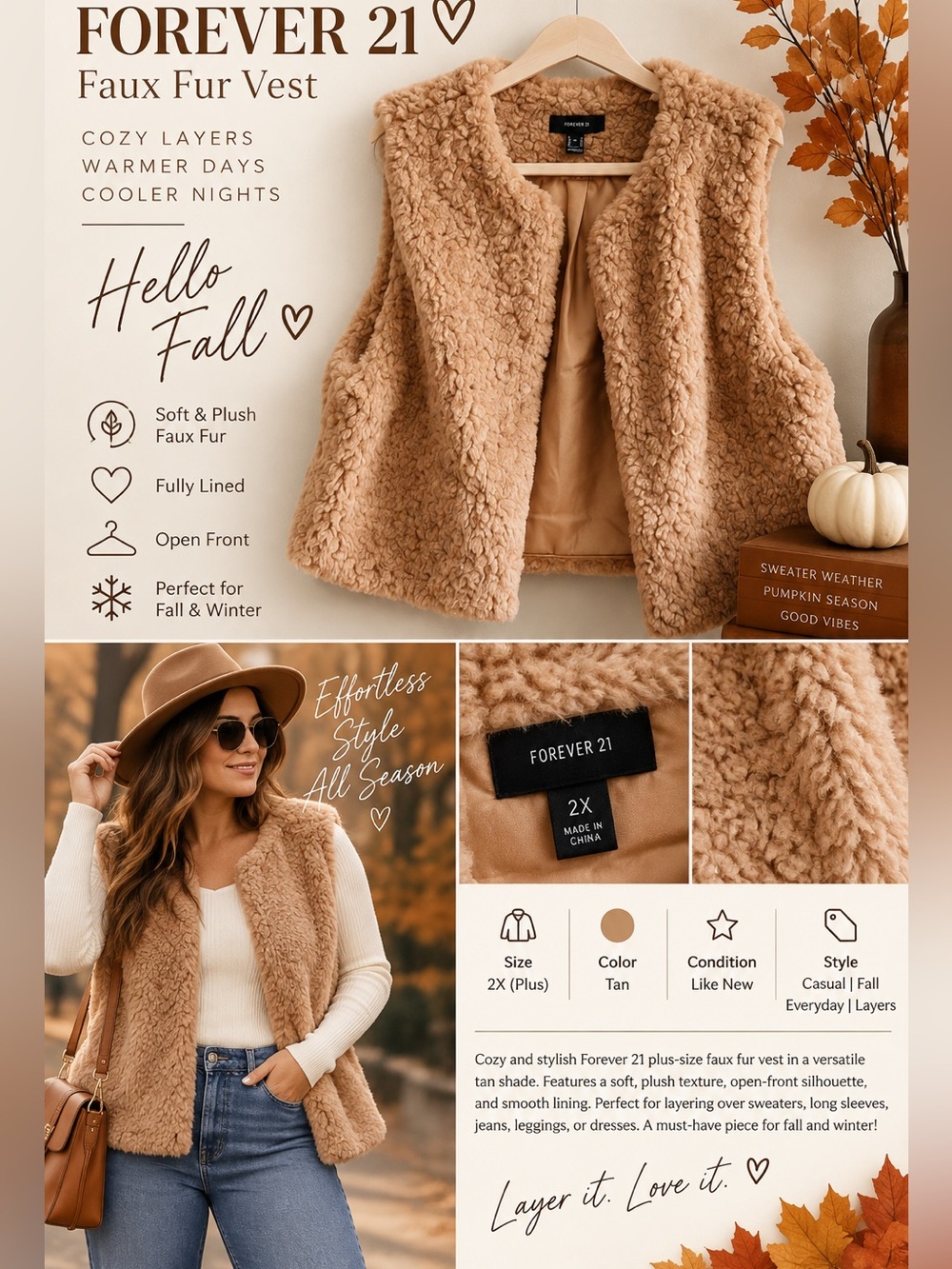 Forever 21 Faux Fur Vest in Light Brown